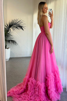 Sparkly Fuchsia Corset Tiered Strapless Long Formal Dress with Ruffles