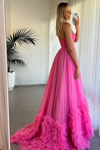 Sparkly Fuchsia Corset Tiered Strapless Long Formal Dress with Ruffles