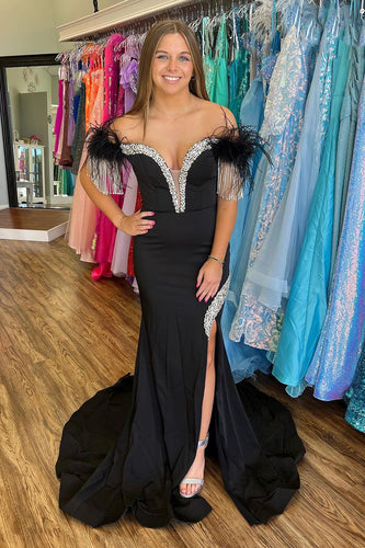 Sparkly Black Corset Beaded Long Formal Dress with Feathers