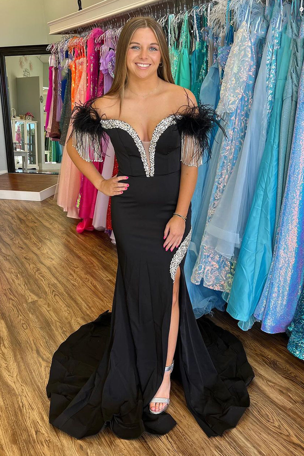 Sparkly Black Corset Beaded Long Formal Dress with Feathers