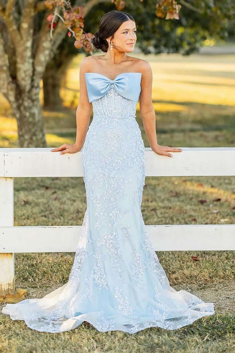 Load image into Gallery viewer, Sparkly Sky Blue Corset Lace Long Formal Dress with Bow