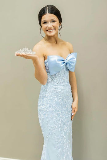 Sparkly Sky Blue Corset Lace Long Formal Dress with Bow