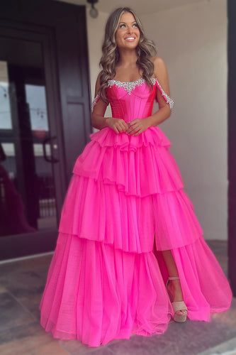 Sparkly Fuchsia Corset Beaded Long Formal Dress with Slit