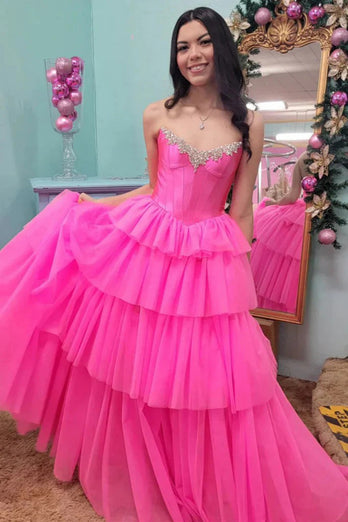 Sparkly Fuchsia Corset Beaded Long Formal Dress with Slit