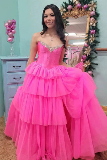 Sparkly Fuchsia Corset Beaded Long Formal Dress with Slit