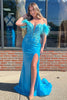 Load image into Gallery viewer, Sparkly Blue Corset Sequin Long Formal Dress with Feathers