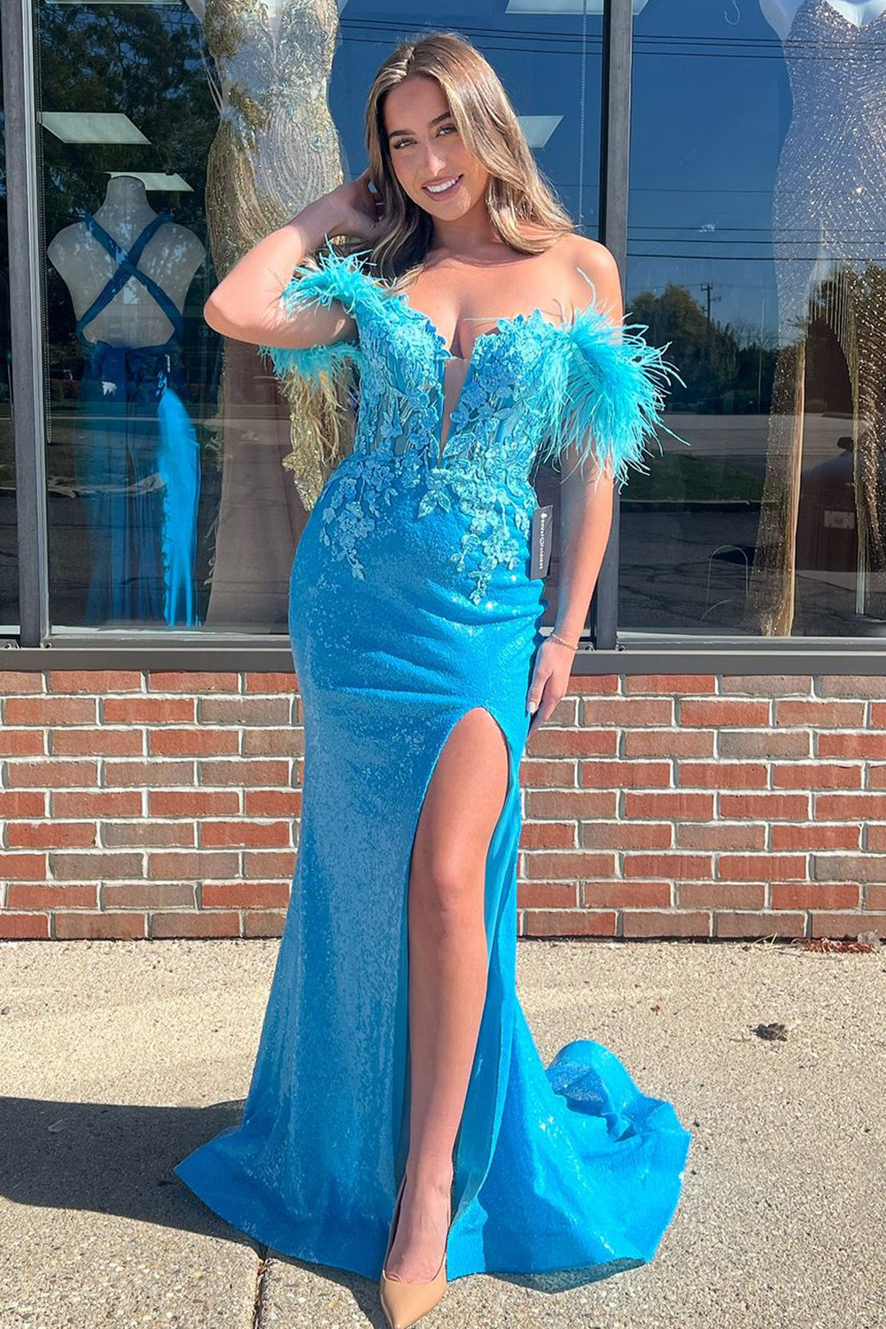 Sparkly Blue Corset Sequin Long Formal Dress with Feathers