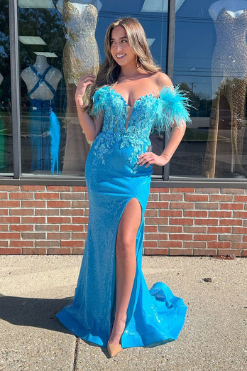 Sparkly Blue Corset Sequin Long Formal Dress with Feathers