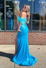 Load image into Gallery viewer, Sparkly Blue Corset Sequin Long Formal Dress with Feathers