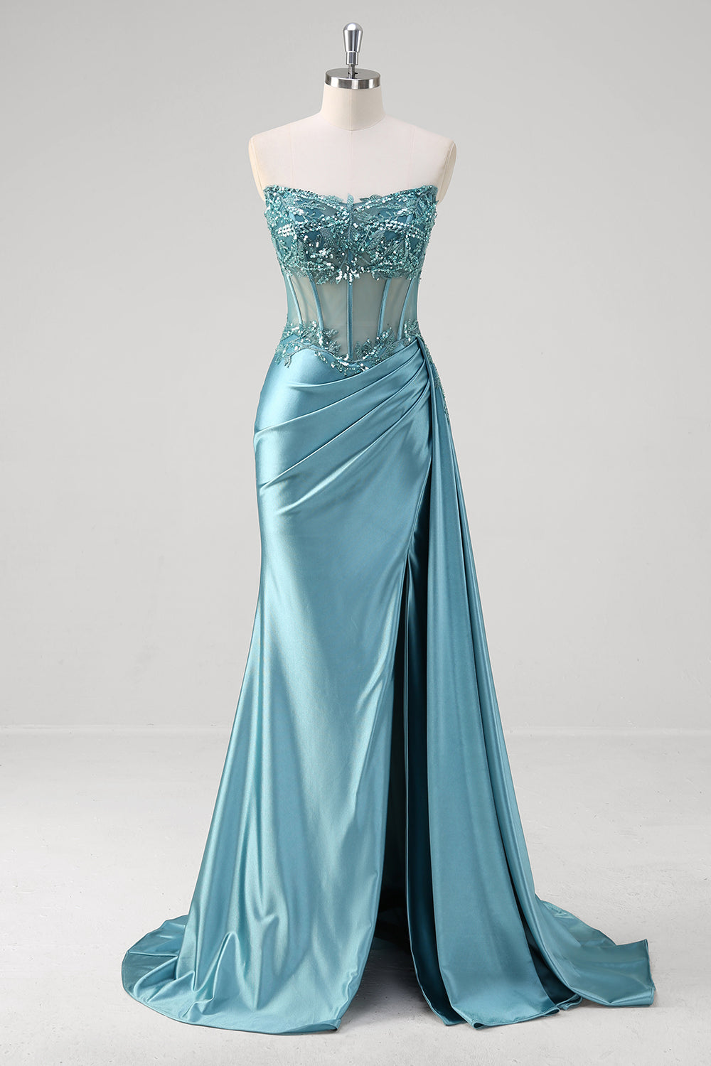 Sparkly Grey Blue Corset Ruched Long Formal Dress with Appliques