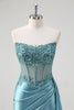 Load image into Gallery viewer, Sparkly Grey Blue Corset Ruched Long Formal Dress with Appliques