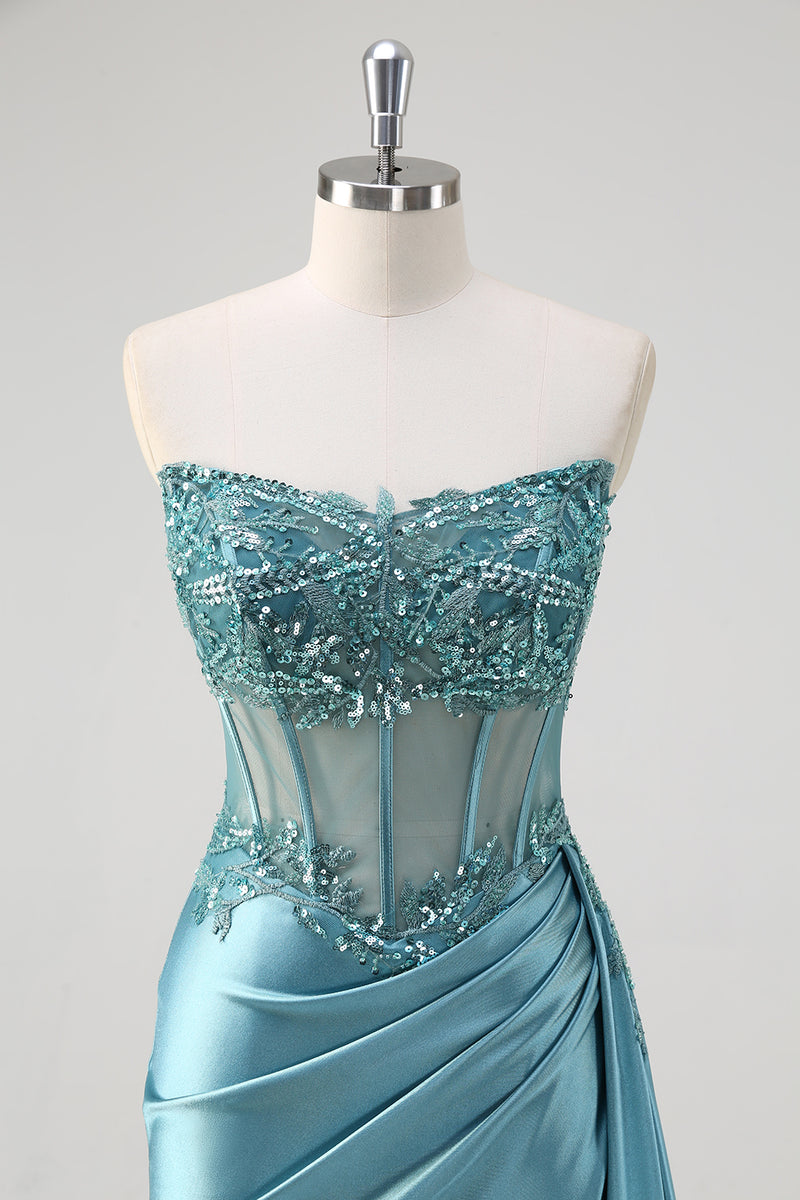 Load image into Gallery viewer, Sparkly Grey Blue Corset Ruched Long Formal Dress with Appliques