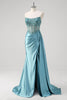 Load image into Gallery viewer, Sparkly Grey Blue Corset Ruched Long Formal Dress with Appliques