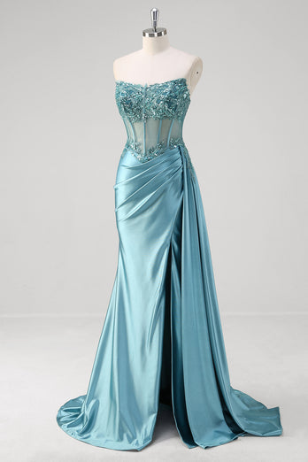 Sparkly Grey Blue Corset Ruched Long Formal Dress with Appliques