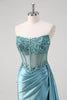 Load image into Gallery viewer, Sparkly Grey Blue Corset Ruched Long Formal Dress with Appliques