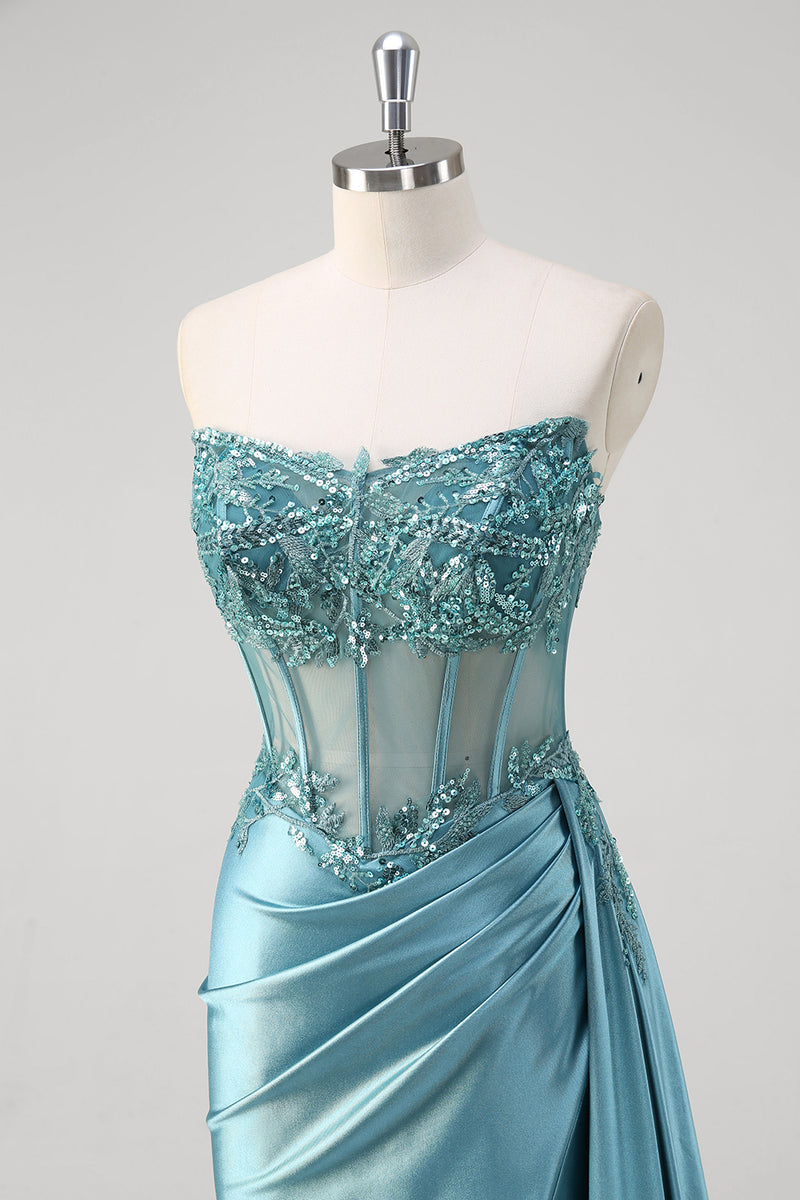 Load image into Gallery viewer, Sparkly Grey Blue Corset Ruched Long Formal Dress with Appliques