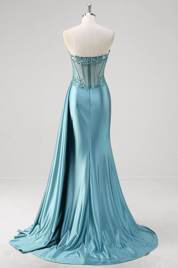 Sparkly Grey Blue Corset Ruched Long Formal Dress with Appliques