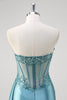 Load image into Gallery viewer, Sparkly Grey Blue Corset Ruched Long Formal Dress with Appliques