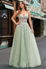 Load image into Gallery viewer, Sparkly Sage Corset Spaghetti Straps Tulle A Line Long Formal Dress