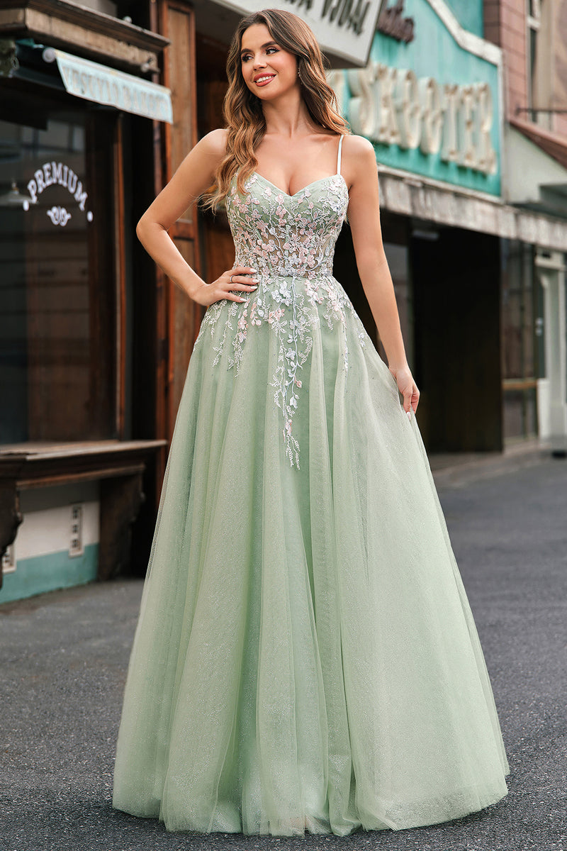 Load image into Gallery viewer, Sparkly Sage Corset Spaghetti Straps Tulle A Line Long Formal Dress