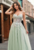 Load image into Gallery viewer, Sparkly Sage Corset Spaghetti Straps Tulle A Line Long Formal Dress