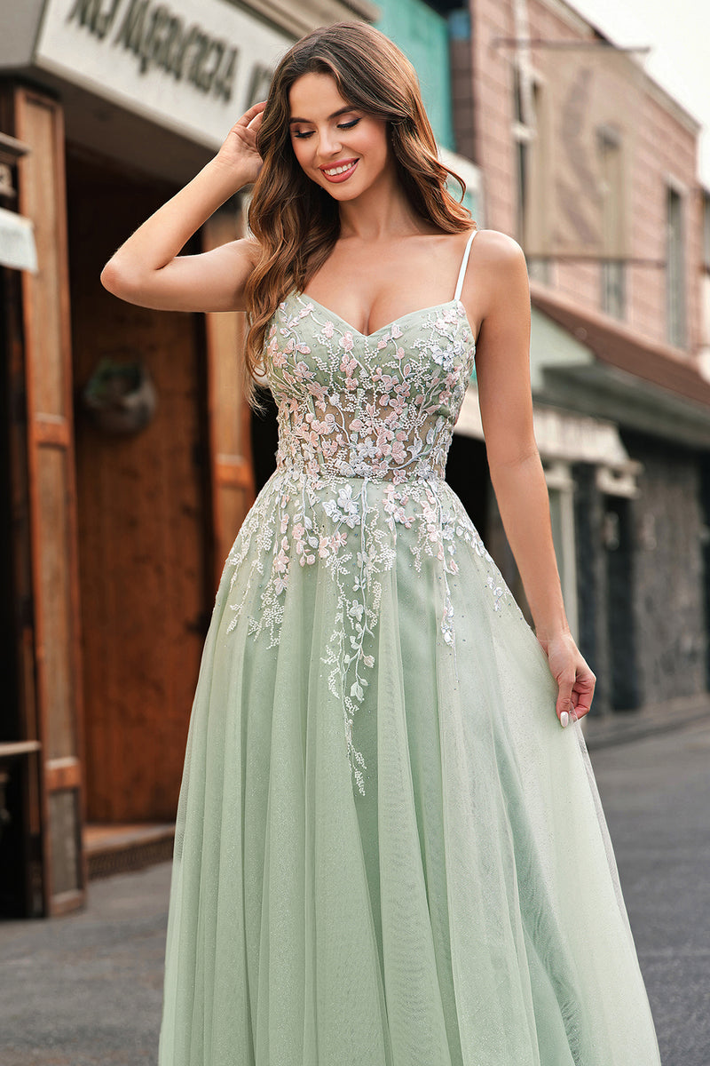 Load image into Gallery viewer, Sparkly Sage Corset Spaghetti Straps Tulle A Line Long Formal Dress