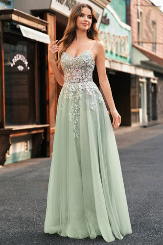 Sparkly Sage Corset Spaghetti Straps Tulle A Line Long Formal Dress