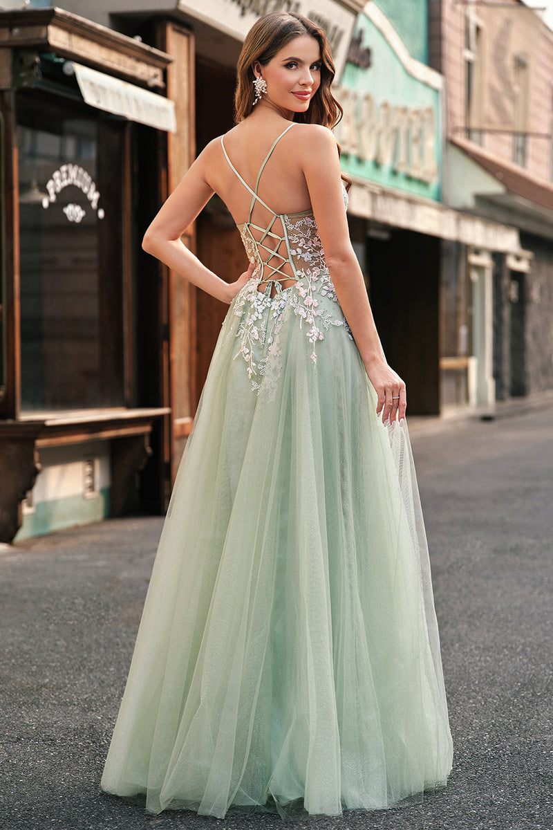 Load image into Gallery viewer, Sparkly Sage Corset Spaghetti Straps Tulle A Line Long Formal Dress