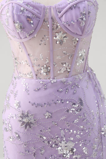 Light Purple Sparkly Corset Beaded Long Formal Dress with Slit