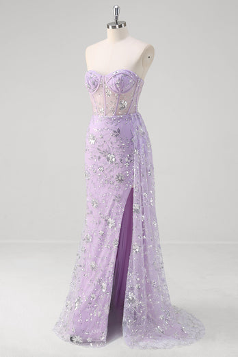 Light Purple Sparkly Corset Beaded Long Formal Dress with Slit