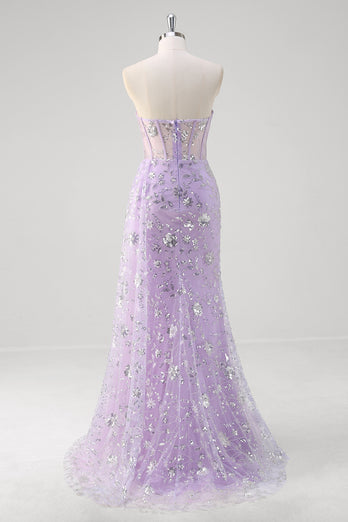 Light Purple Sparkly Corset Beaded Long Formal Dress with Slit