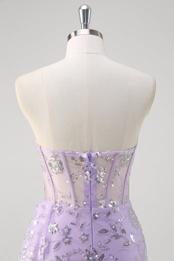 Light Purple Sparkly Corset Beaded Long Formal Dress with Slit