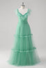 Load image into Gallery viewer, Green A Line V-Neck Tiered Tulle Long Bridesmaid Dress