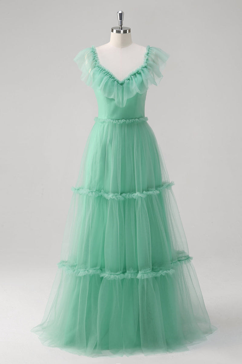 Load image into Gallery viewer, Green A Line V-Neck Tiered Tulle Long Bridesmaid Dress