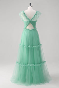 Green A Line V-Neck Tiered Tulle Long Bridesmaid Dress