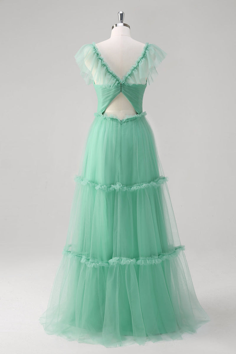 Load image into Gallery viewer, Green A Line V-Neck Tiered Tulle Long Bridesmaid Dress