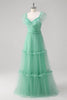 Load image into Gallery viewer, Green A Line V-Neck Tiered Tulle Long Bridesmaid Dress