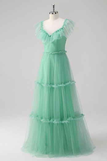 Green A Line V-Neck Tiered Tulle Long Bridesmaid Dress