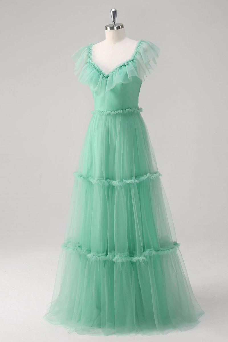 Load image into Gallery viewer, Green A Line V-Neck Tiered Tulle Long Bridesmaid Dress