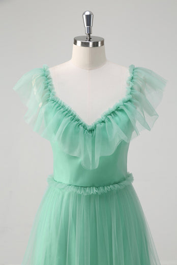 Green A Line V-Neck Tiered Tulle Long Bridesmaid Dress