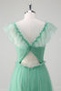 Load image into Gallery viewer, Green A Line V-Neck Tiered Tulle Long Bridesmaid Dress