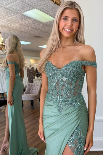 Sparkly Green Off The Shoulder Corset Formal Dress with Slit