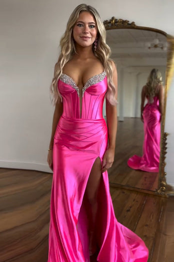 Sparkly Fuchsia Beaded Corset Formal Dress with Slit