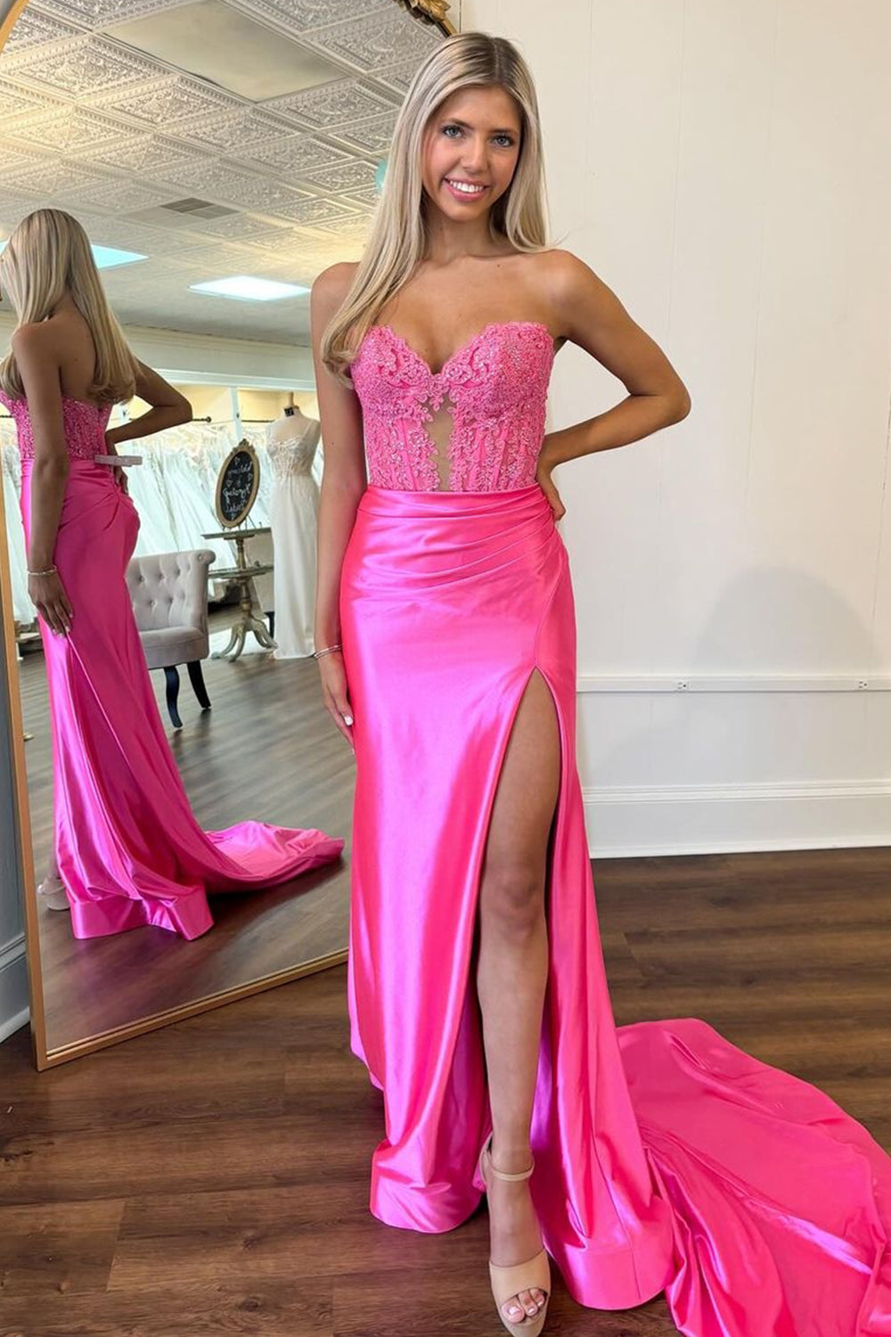 Sweetheart Fuchsia Lace Corset Formal Dress with Slit