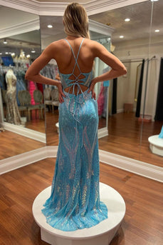 Sparkly Blue Corset Lace-Up Back Formal Dress with Slit