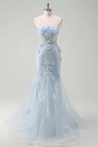 Blue Corset Spaghetti Straps Tulle Long Formal Dress with 3D Flowers