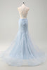 Load image into Gallery viewer, Blue Corset Spaghetti Straps Tulle Long Formal Dress with 3D Flowers