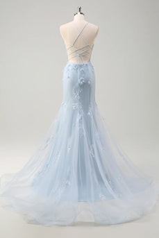 Blue Corset Spaghetti Straps Tulle Long Formal Dress with 3D Flowers