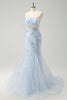 Load image into Gallery viewer, Blue Corset Spaghetti Straps Tulle Long Formal Dress with 3D Flowers