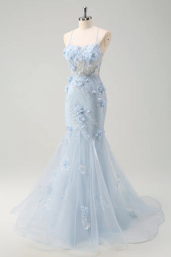 Blue Corset Spaghetti Straps Tulle Long Formal Dress with 3D Flowers